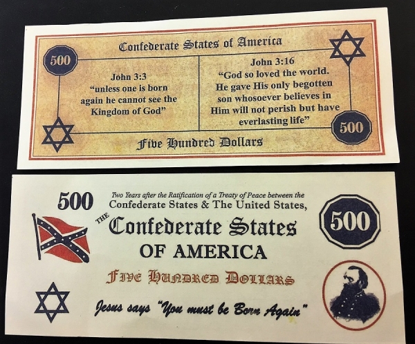 One of the fake Confederate States of America bills, front and back, discovered wedged into books at the Saratoga Springs Library. 