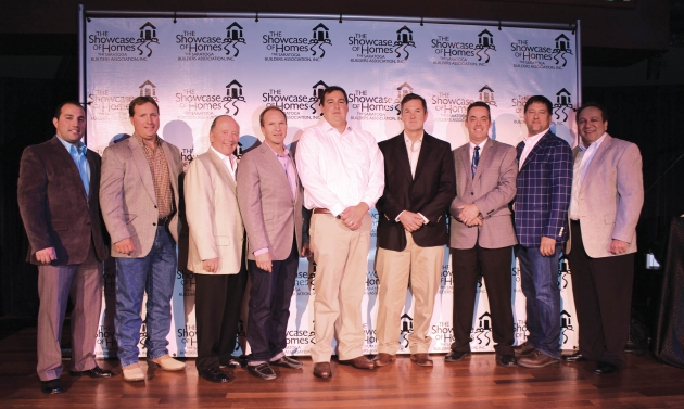 2014 Saratoga Showcase of Homes Builders. From left: Shawn VanVeghten - VanVeghten Construction; Dan Barber and Sam Palazzole - Saratoga Builders; John Witt - Witt Construction; Wayne Samascott - Malta Development; Brian K. Smith - Classic Homes; Dave DePaulo - Bella Home Builders; Sonny Bonacio - Bonacio Construction and Peter Belmonte - Belmonte Builders. Missing from photo are Traditional Builders, Polito Homes, Richbell Capital and Heritage Custom Builders.