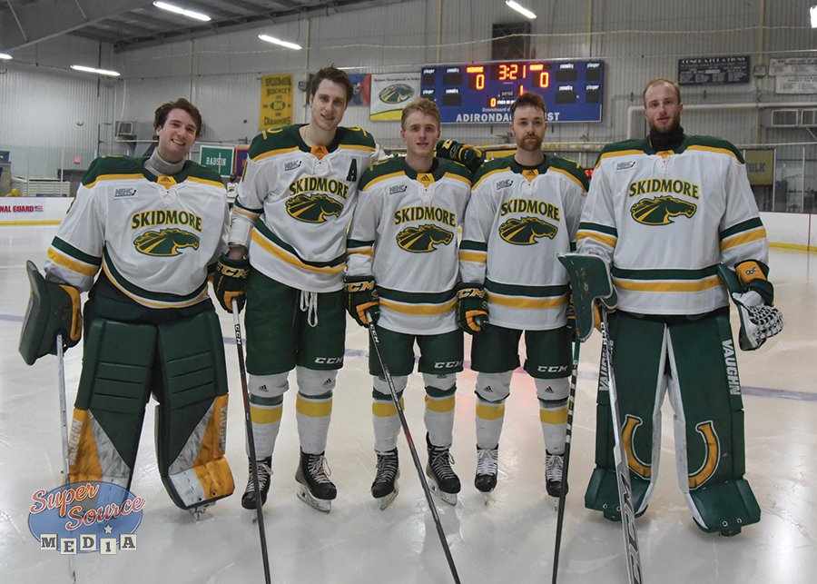 Skidmore Men’s Ice Hockey seniors. L to R: Danny Lassman, Matt Muzyka, Misha Mrotchek, Tyler Hall, Brian Kowalski. Photo by Super Source Media