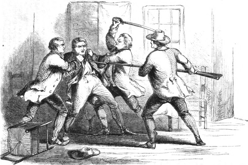 Illustration of the capture of British Loyalist spy Joseph Bettys in the Town of Ballston, New York, 1782. Originally published in United States Magazine, 1857.