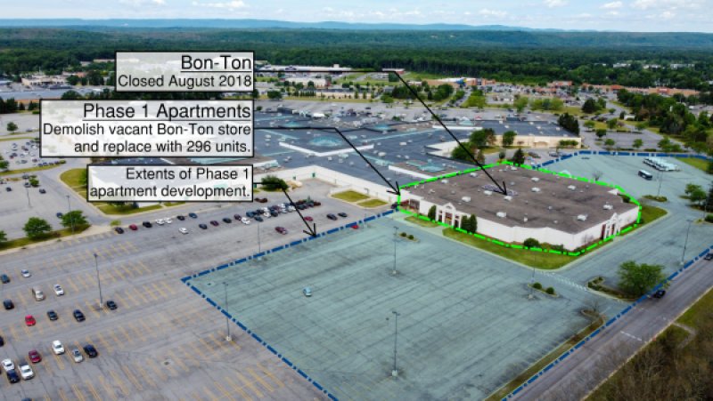 Phase One plans of project that would demolish the vacant Bon-Ton store at Wilton Mall,  and develop the first 296 residential units. Photo: reimaginewiltonmall.com. 