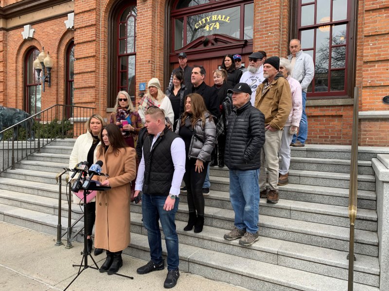 The Saratoga Springs Rental Rights Alliance holds a press conference on the steps of City Hall. Photo by Jonathon Norcross.