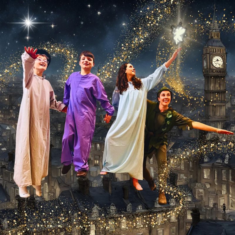 HMT Presents Peter Pan Feb. 23 – March 3 at Spa Little Theater.  Eli Buck as John, Jacob D’Agostino as Michael, Sophia DeMasi as Wendy, and Lauren Berkman as Peter Pan. Photo: Dawn Oesch.