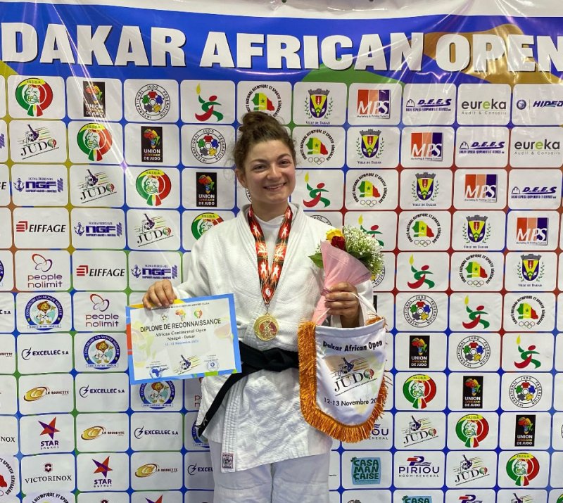 Melissa Myers poses for a photo after winning a gold medal at the Dakar Open in Senegal on Nov. 13. Photo provided by Melissa Myers of Jason Morris Judo Center.
