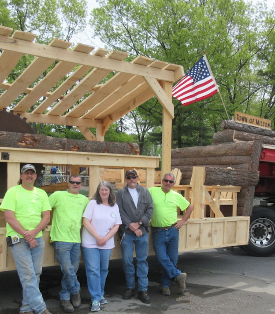 (From left) Town of Milton Highway Department workers Mark DeLong, Bill Murdie, Town Historian Kim McCartney, Highway Superintendent David Forbes and highway worker Russ Nowhitney show off a completed float. 