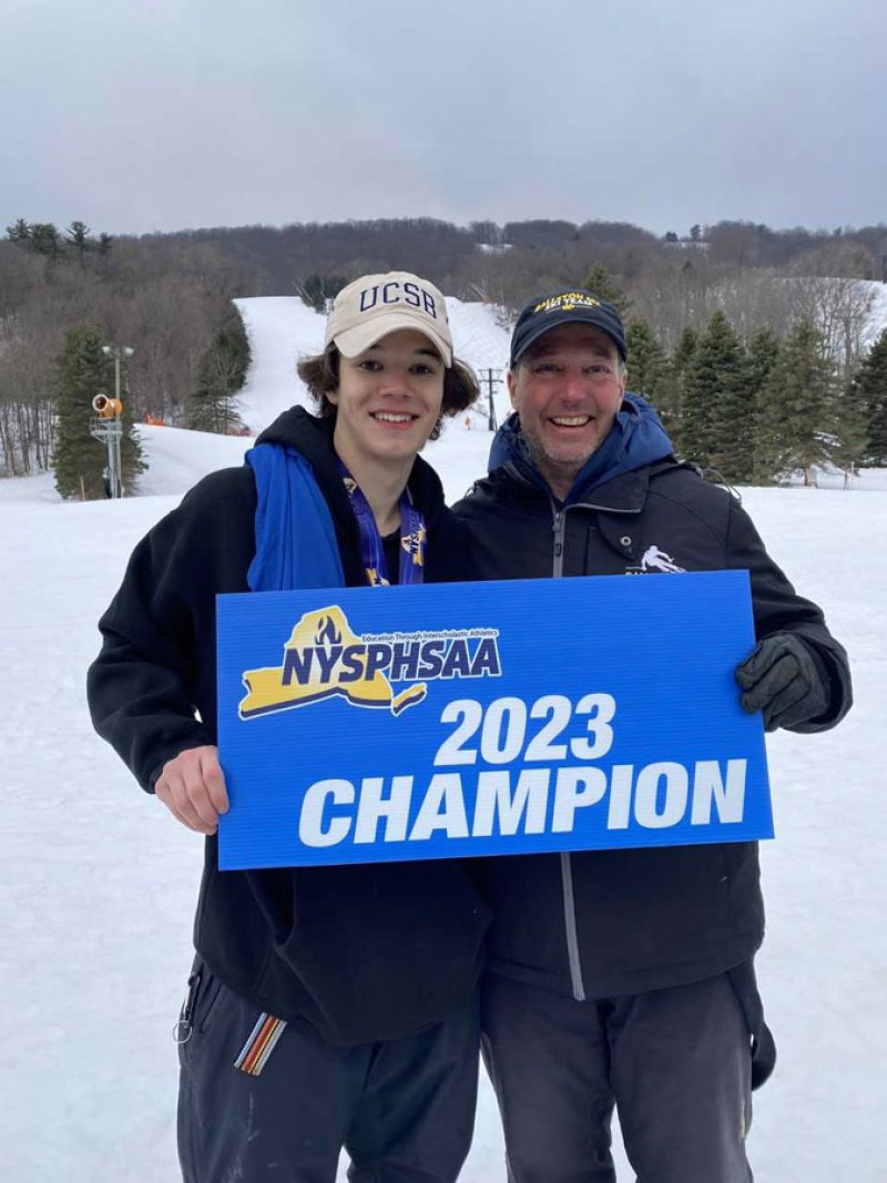 Ballston Spa’s Cole Evans (left) and coach Mitch Huff (right) pictured after Evans won the 2023 NYSPHSAA State Championship in the boys giant slalom  (Photo provided by Mitch Huff)