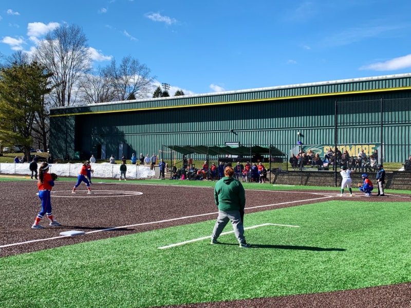 The Skidmore softball team played SUNY New Paltz in a home opener doubleheader last Friday afternoon. Photo by Jonathon Norcross.