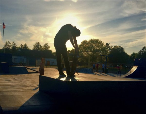 Skatepark in Saratoga Springs, at dusk on a Monday in May 2018. Photo by Thomas Dimopoulos. 