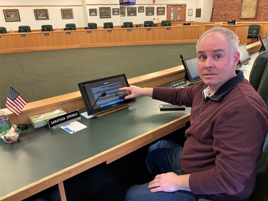 Saratoga Springs city Supervisor Matt Veitch showcasing some of the new equipment that was unveiled this week at the Saratoga County Board of Supervisors room in Ballston Spa. Photo by Thomas Dimopoulos.
