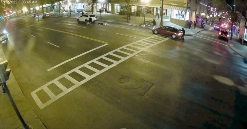 Clip from City Camera located on the west side of Broadway at 3:03 a.m. on Nov. 20, 2022. The capture looks at the east side of Broadway leading north where activity occurred, and across to Caroline Street where officers have entered the scene. Screenshot from video: city of Saratoga Springs.