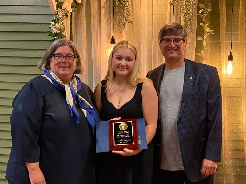 (From left to right): Carrie Woerner, Assemblywoman for New York’s 113th District; Aubrey French, winner of the $1000 Ted Gallagher Memorial Scholarship; and Gregory Pinto, M.D., President of the Saratoga County Medical Society. 