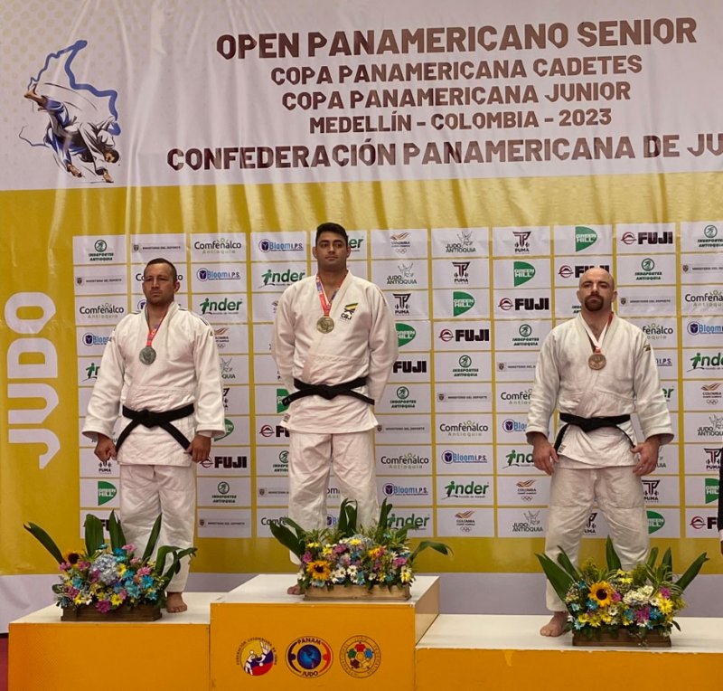 Nate Keeve (far right) earned a bronze medal at 100 kg in the Colombian Open on March 19 (Photo provided by Jason Morris Judo Center).