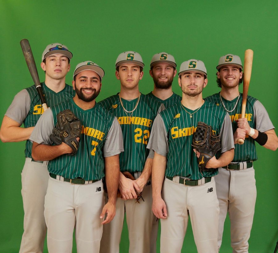 Members of the 2024 Skidmore baseball team pose for a media day photoshoot. Photo by Joshua Dalsimer.