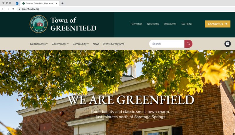 Screenshot of The Town of Greenfield’s newly designed website:  www.greenfieldny.org homepage