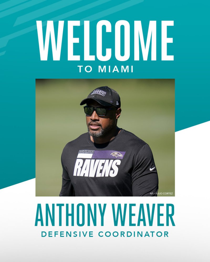Announcement of Anthony Weaver as new defensive coordinator via Miami Dolphins social media accounts.