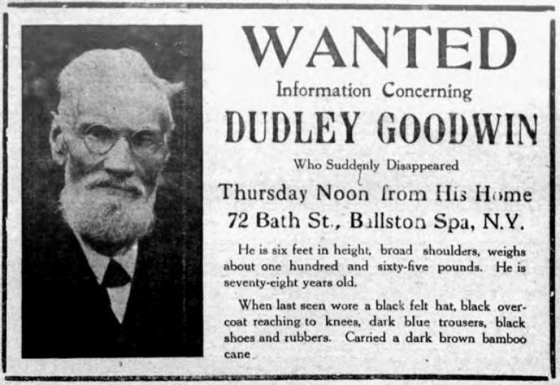 Dudley Goodwin Missing Person Notice. Photo: Ballston Journal,  March 22, 1922, provided by The Saratoga County History Roundtable. 