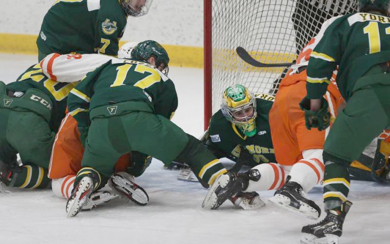 Skidmore’s Tate Brandon defends the goal during the NEHC championship game against Hobart College. Photo provided by Skidmore Athletics.
