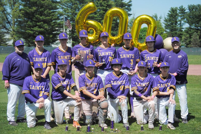 Saratoga Catholic varsity baseball coach Alphonse Lambert earned his 600th career win on Saturday as the Saints beat Schuylerville 12-1 in the championship game of the Phil Waring Memorial Tournament. Photos by Dylan McGlynn