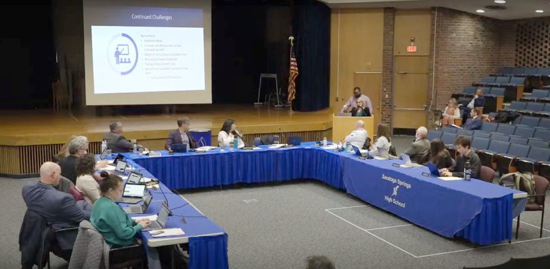 Director of Personnel Development Hillary Brewer delivers the annual Staffing and Pre-budget Outlook presentation at the Saratoga Springs City School District Board of Education meeting on January 25.  Screenshot via YouTube livestream. 
