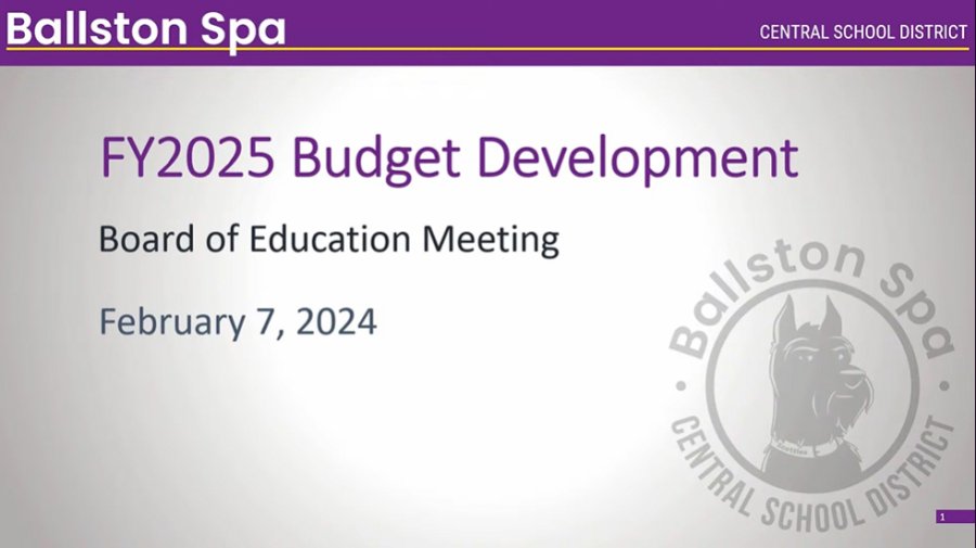 Powerpoint image of the Ballston Spa Central School District’s 2025 Budget Development presentation, delivered at the February 7 Board of Education meeting. Screenshot via the Ballston Spa YouTube livestream. 
