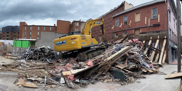 Demolition of building that housed Saratoga Candy Co., on May 27, 2022. Photo by Thomas Dimopoulos. 