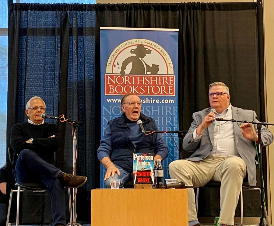 Authors Mike Lupica and James Patterson, and interview host  Joe Donohue at the Saratoga Springs City Center on Oct. 24, 2023. Photo by Thomas Dimopoulos. 