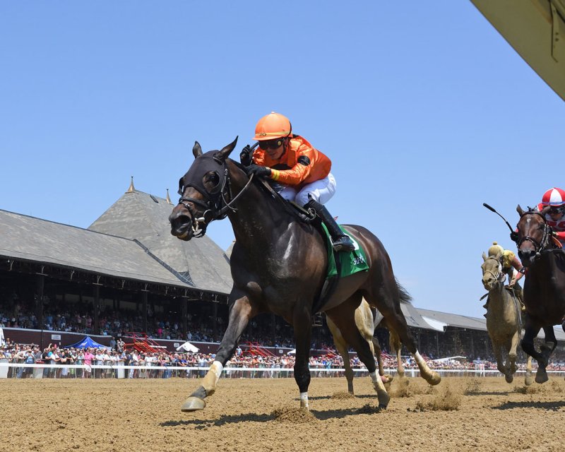 Bustin Bay, trained by Linda Rice, took victory of the first race of opening day at the 2023 Saratoga meet. Photo courtesy of NYRA.