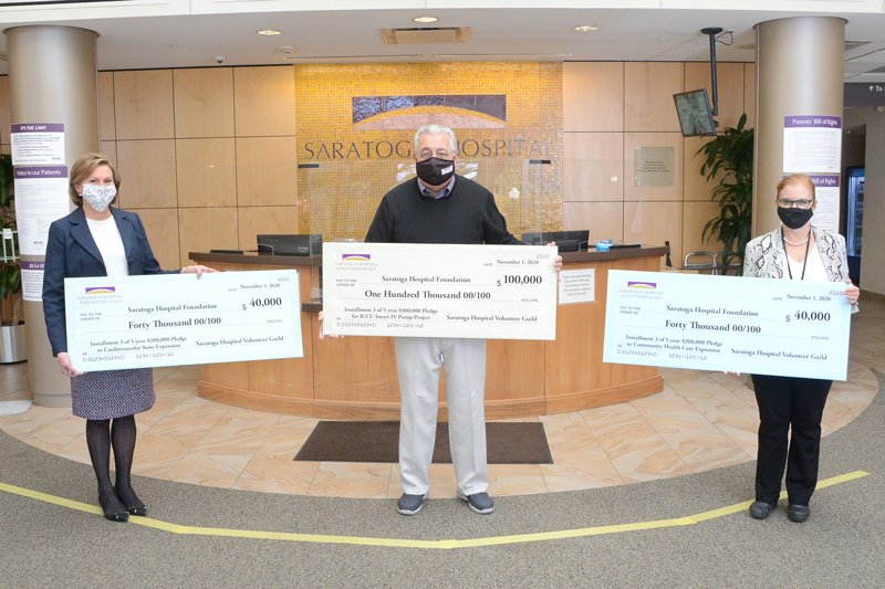Saratoga Hospital Volunteer Guild recently donated $180,000 to support three key hospital projects.  From left: Betsy St. Pierre, director, Volunteer Services; Terry White, Guild president; and Mary Solomons,  executive director, Saratoga Hospital Foundation. Photo provided.