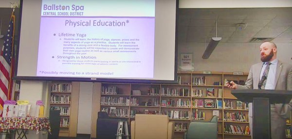 Principal Matthew Robinson delivers a presentation of upcoming high school courses at the  Ballston Spa Central School District Board of Education meeting on January 17.